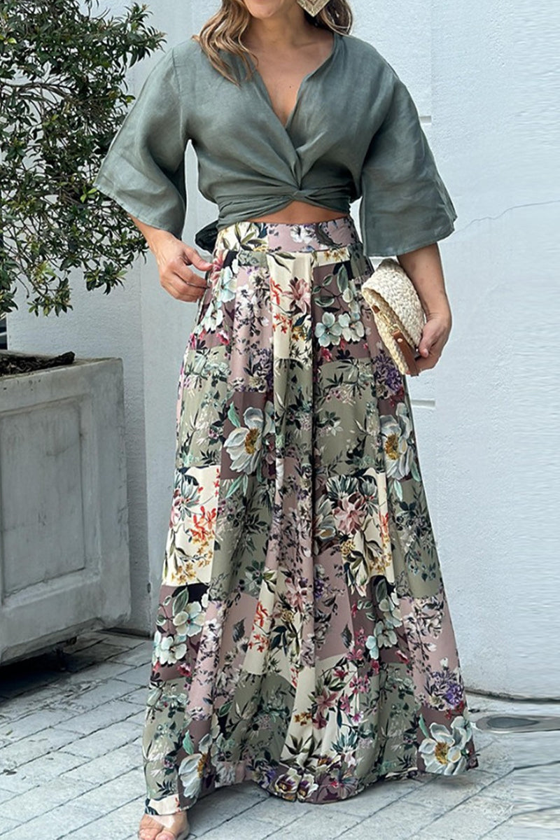 Casual Print Fold V Neck Half Sleeve Two Pieces - Fashionpara