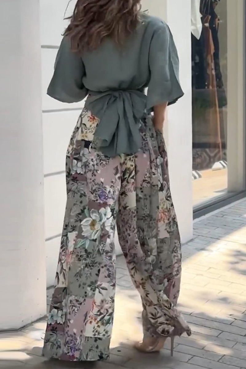 Casual Print Fold V Neck Half Sleeve Two Pieces - Fashionpara