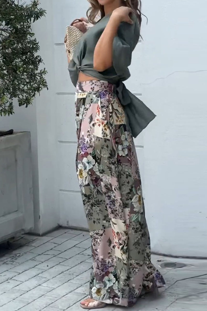 Casual Print Fold V Neck Half Sleeve Two Pieces - Fashionpara