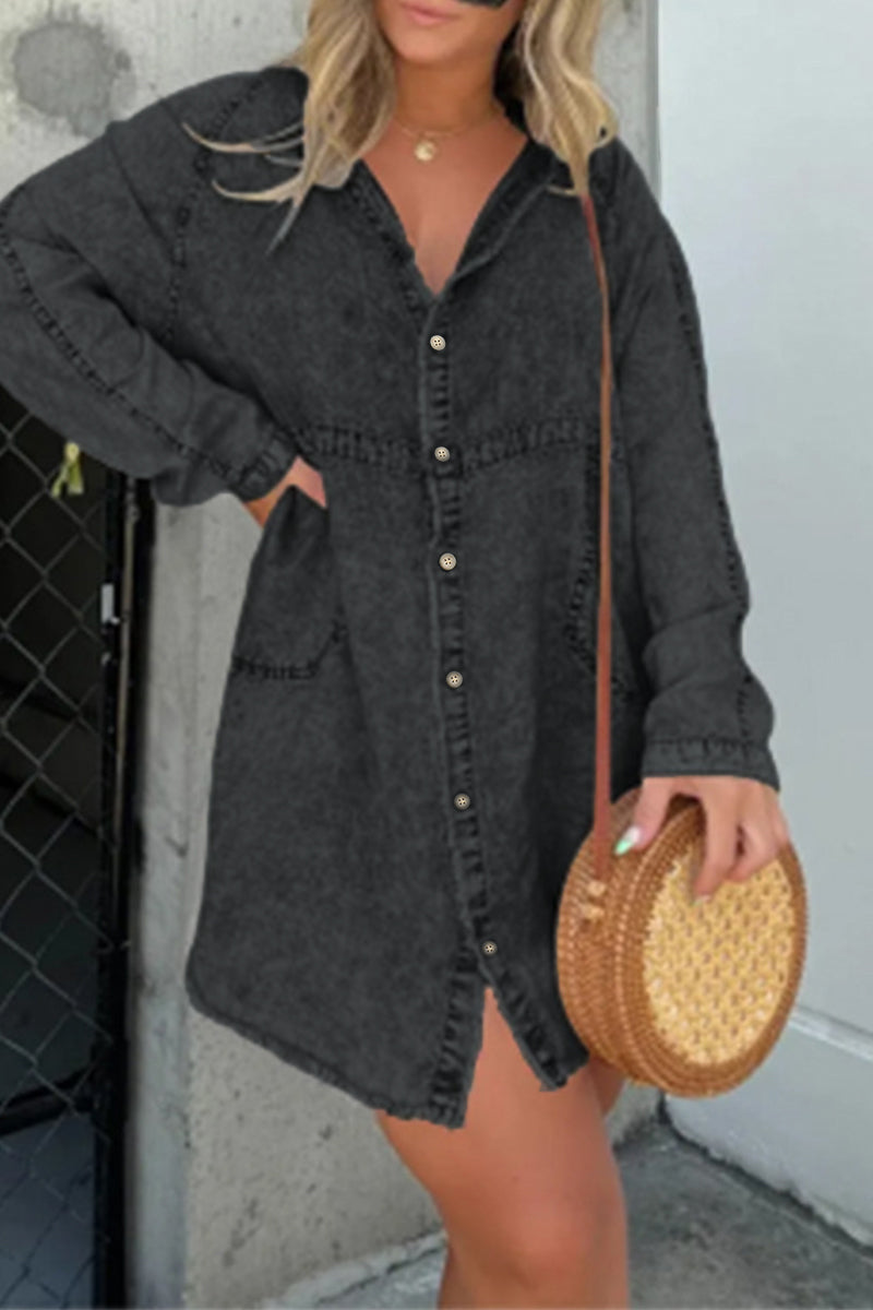 Casual Solid Make Old Turndown Collar Shirt Dress Dresses - Fashionpara