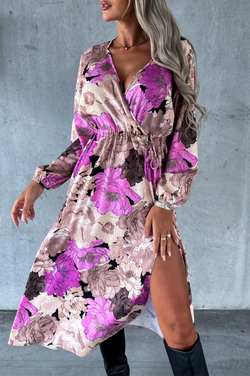 Elegant Floral Slit V Neck Printed Dress Dresses - Fashionpara