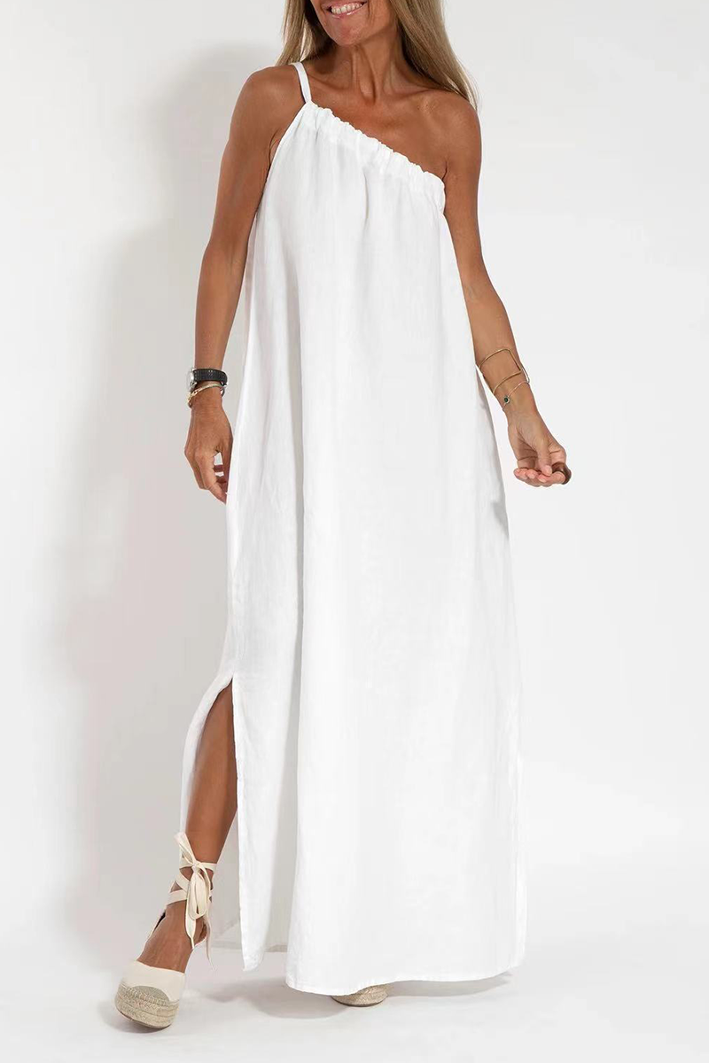 Casual Simplicity Solid Slit Asymmetrical Oblique Collar Sleeveless Dress Dresses - Fashionpara
