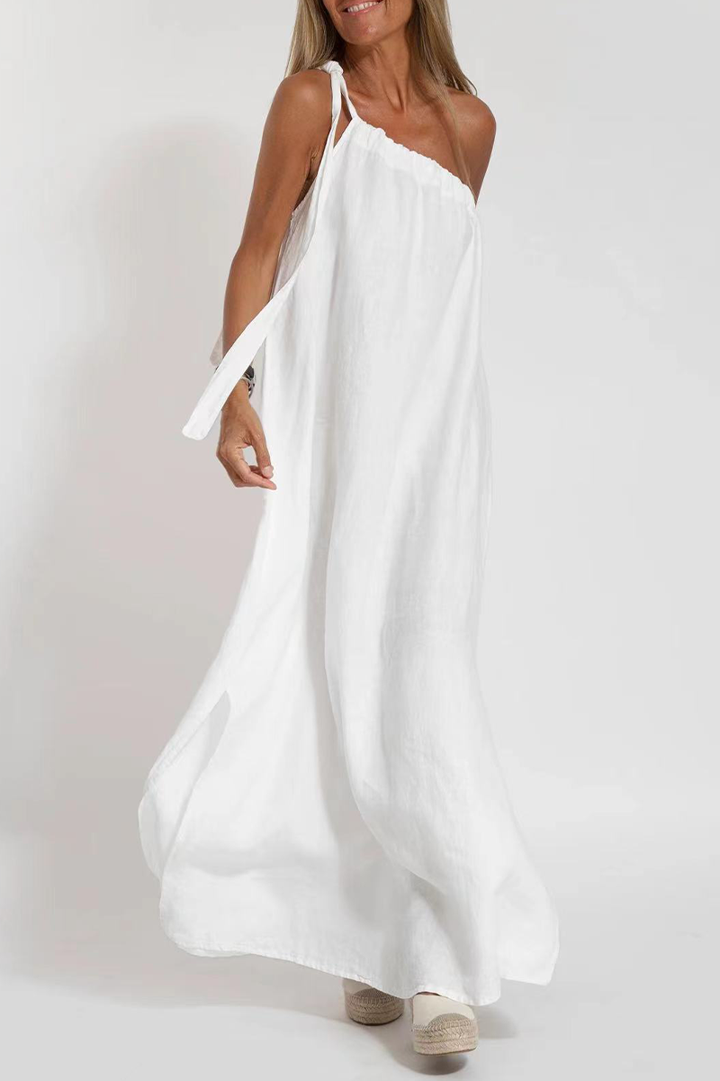 Casual Simplicity Solid Slit Asymmetrical Oblique Collar Sleeveless Dress Dresses - Fashionpara