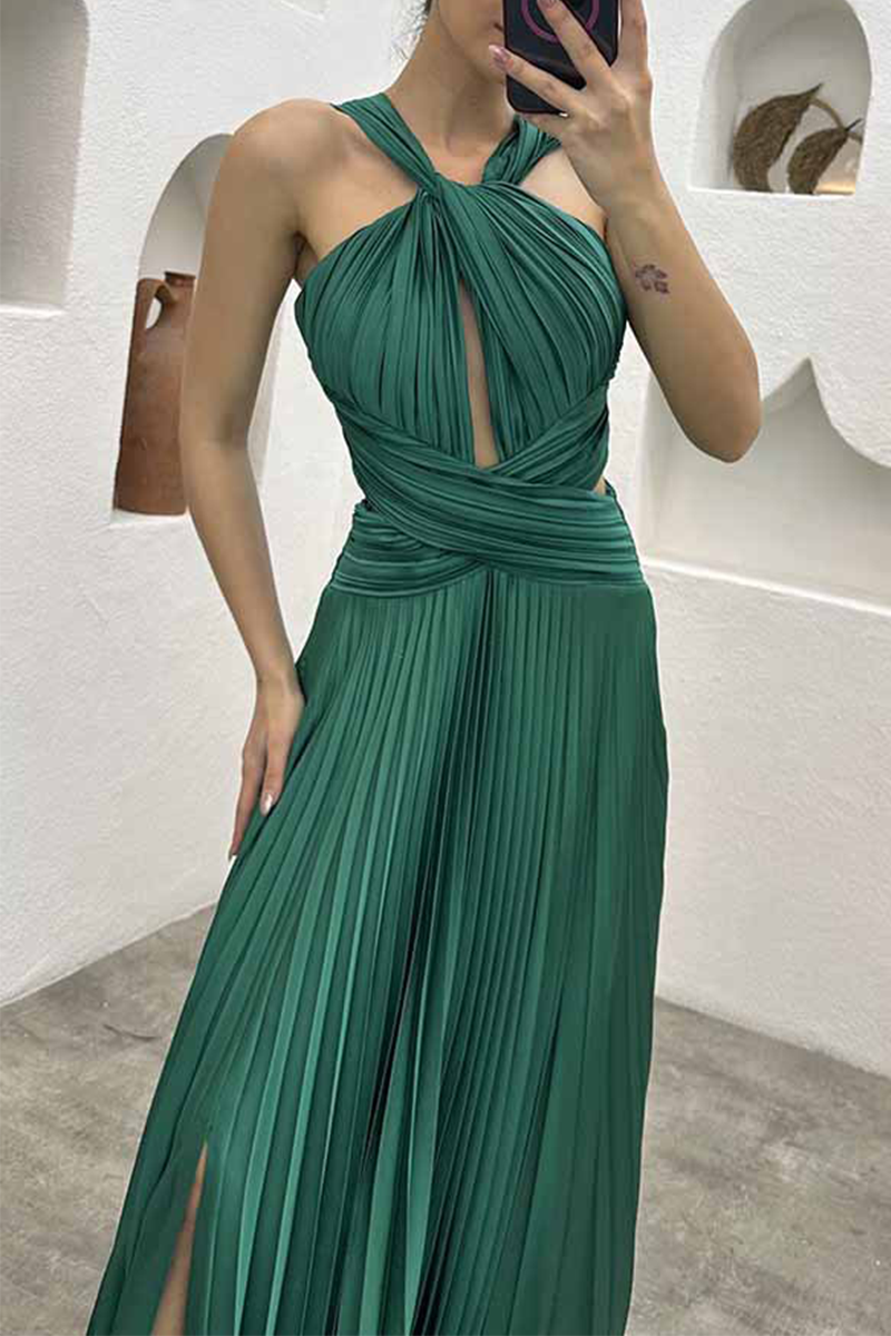 Elegant Solid Fold Halter Evening Dress Dresses - Fashionpara