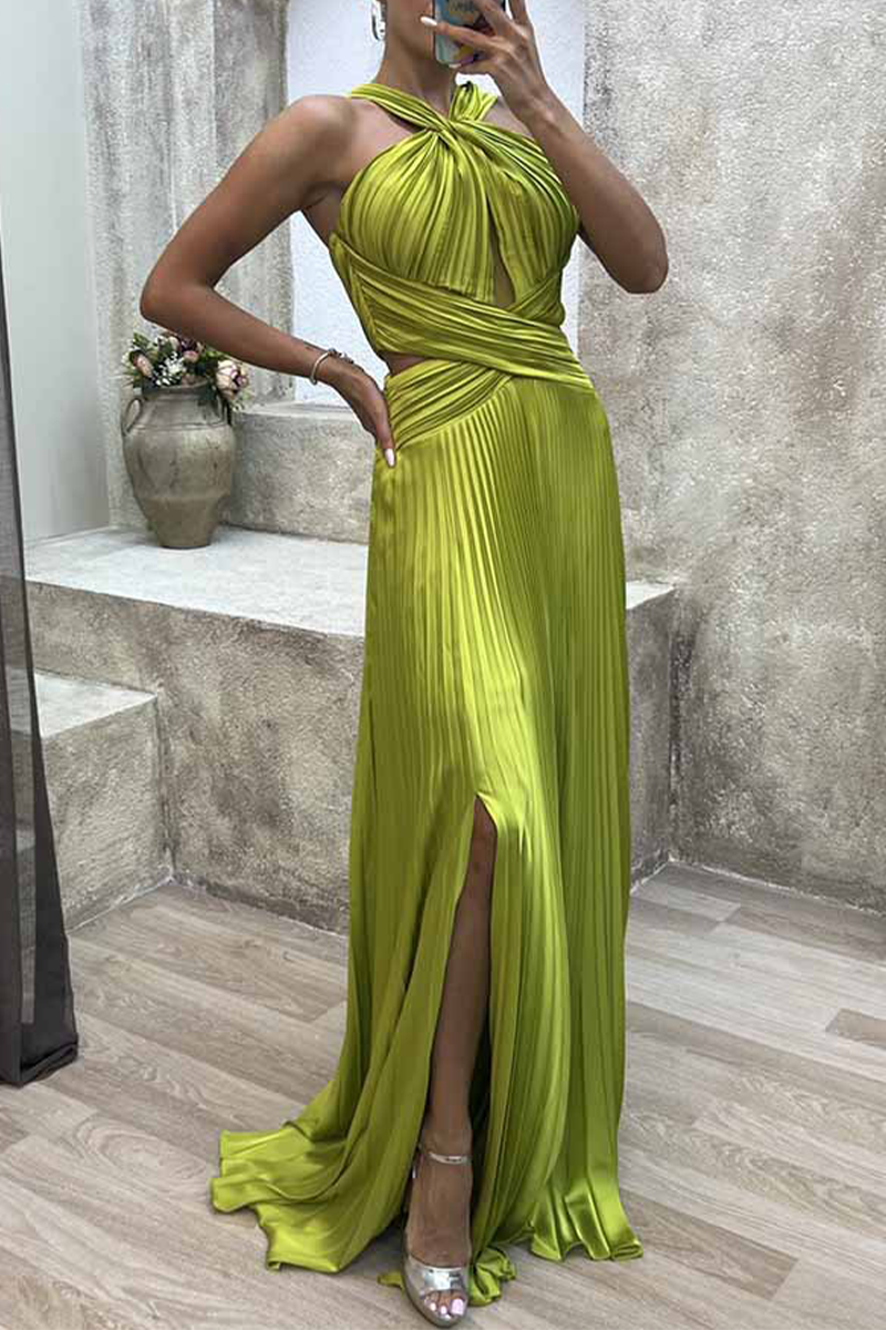 Elegant Solid Fold Halter Evening Dress Dresses - Fashionpara