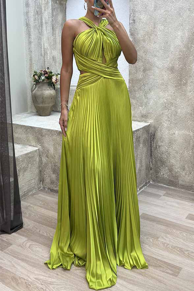 Elegant Solid Fold Halter Evening Dress Dresses - Fashionpara