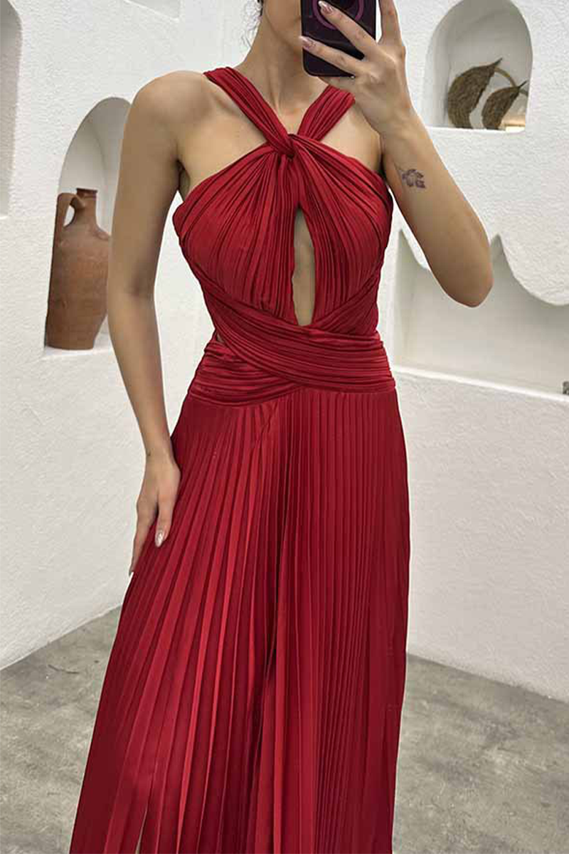 Elegant Solid Fold Halter Evening Dress Dresses - Fashionpara