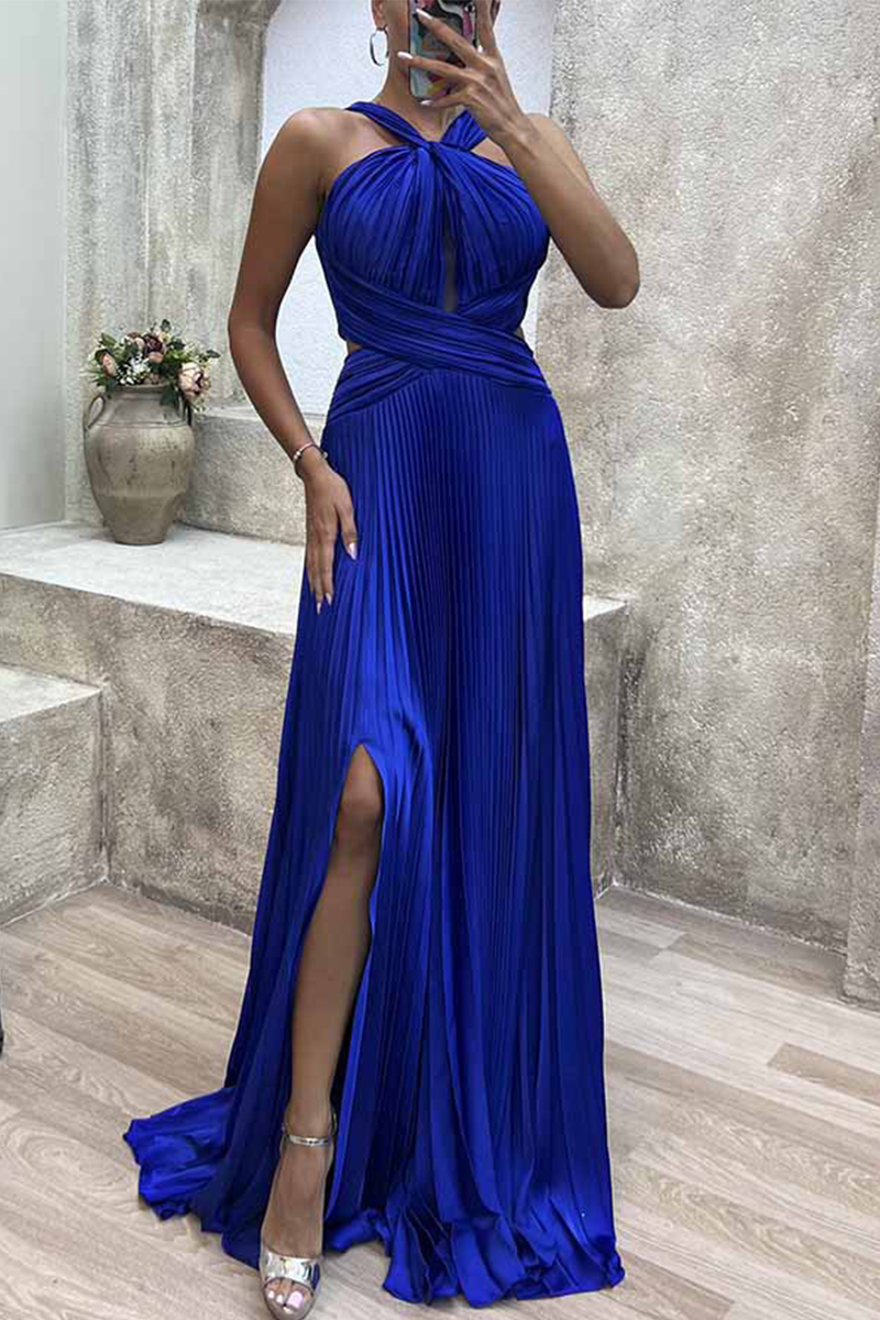Elegant Solid Fold Halter Evening Dress Dresses - Fashionpara