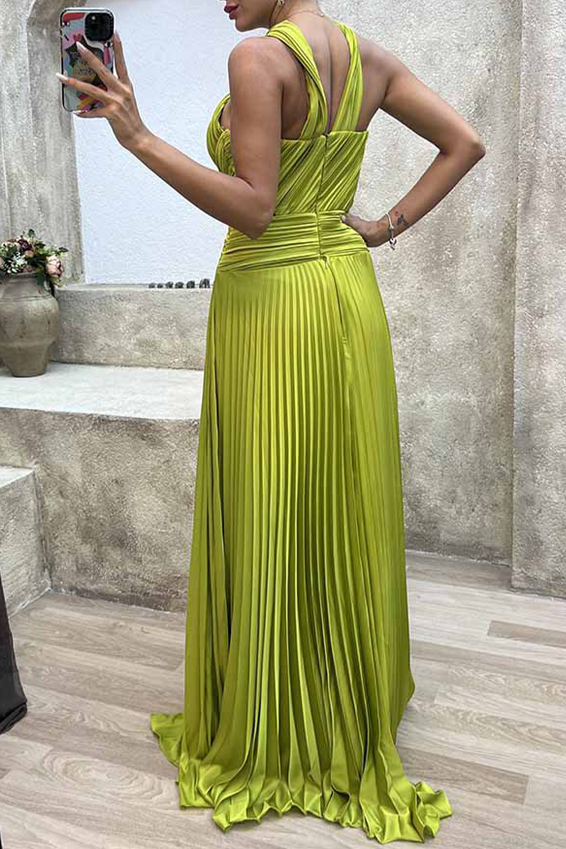 Elegant Solid Fold Halter Evening Dress Dresses - Fashionpara