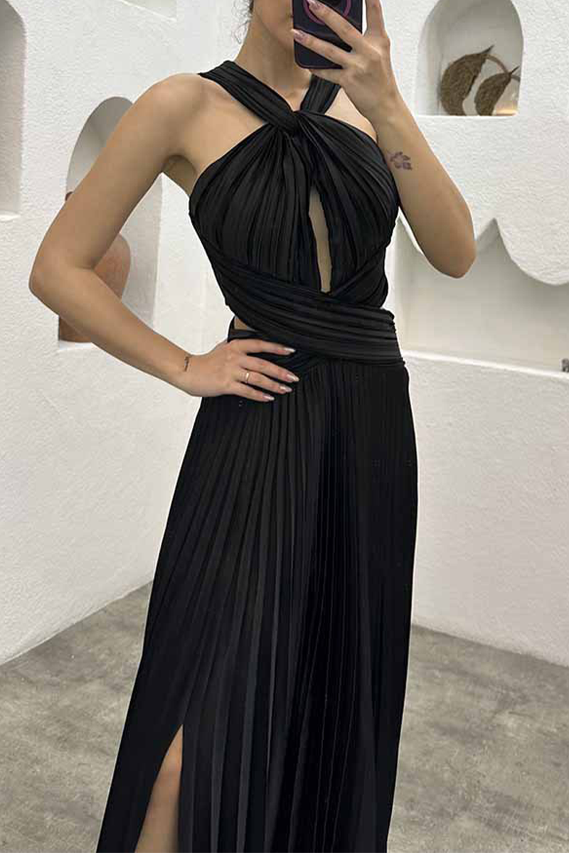 Elegant Solid Fold Halter Evening Dress Dresses - Fashionpara