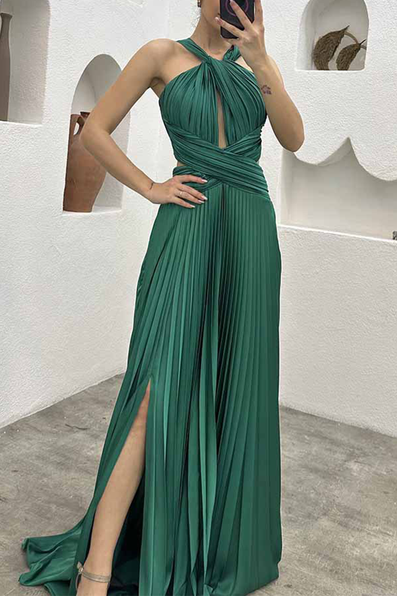 Elegant Solid Fold Halter Evening Dress Dresses - Fashionpara