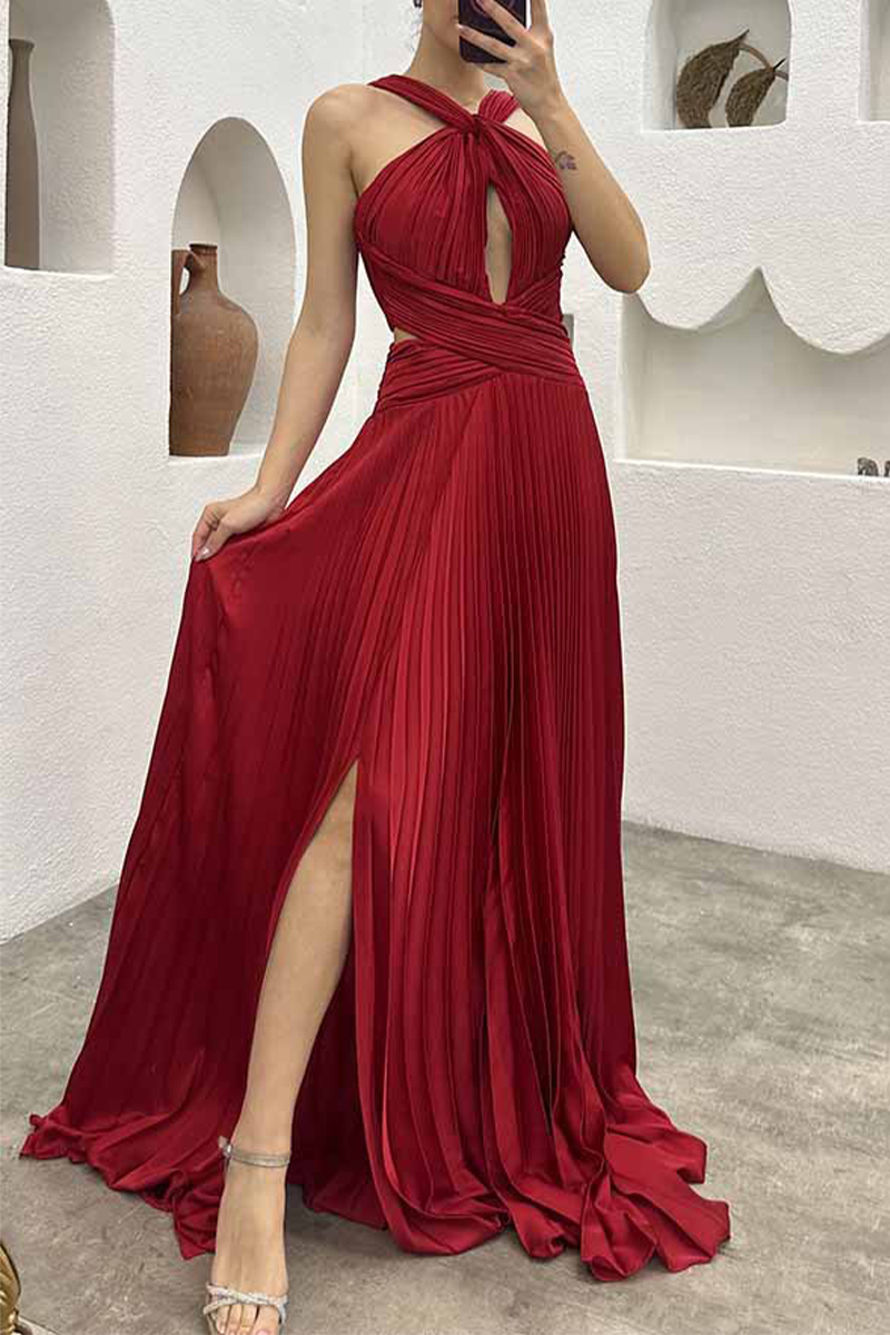 Elegant Solid Fold Halter Evening Dress Dresses - Fashionpara