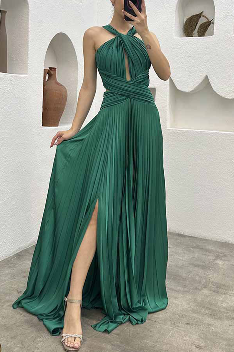 Elegant Solid Fold Halter Evening Dress Dresses - Fashionpara
