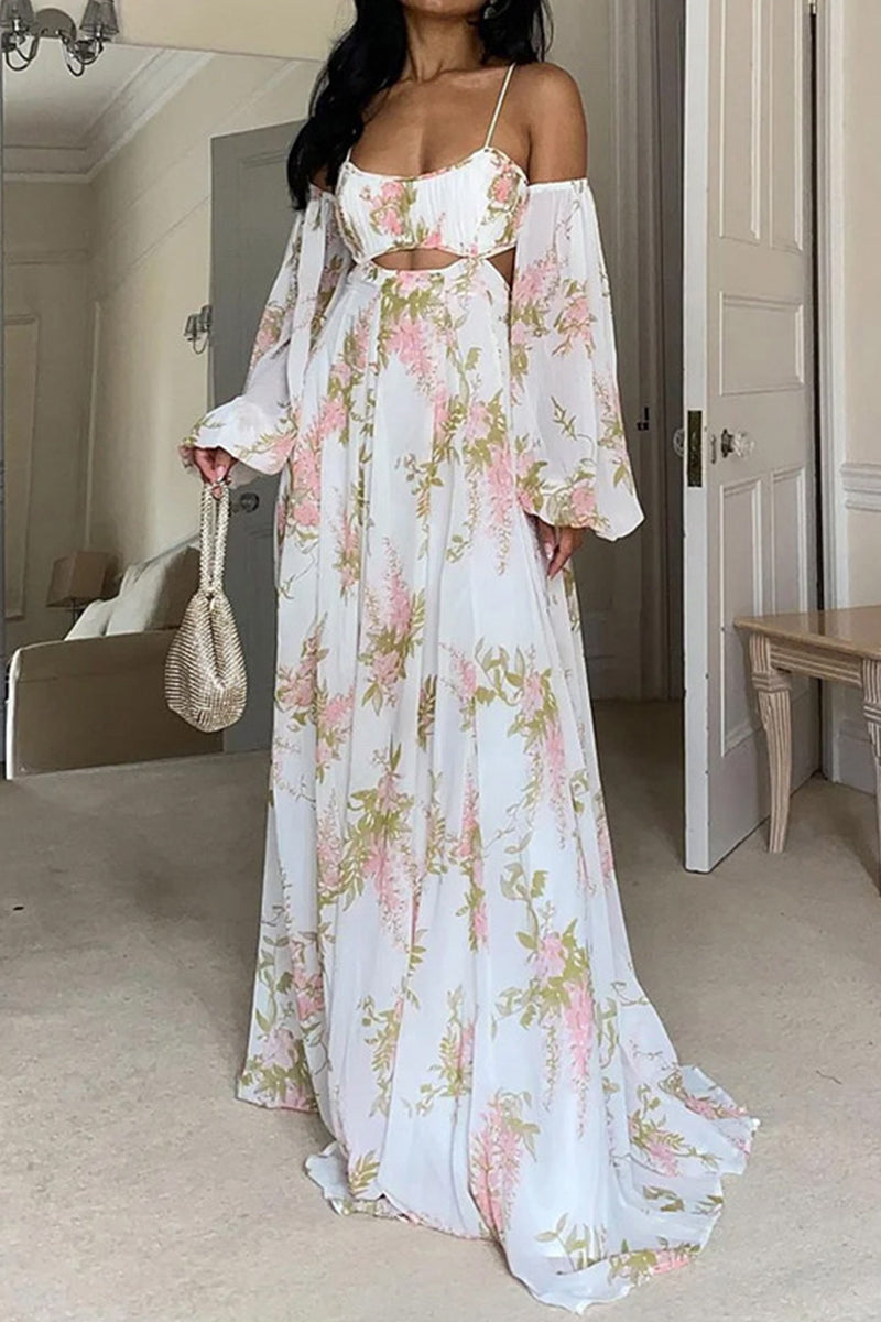 Elegant Floral Frenulum Backless V Neck Printed Dress Dresses - Fashionpara