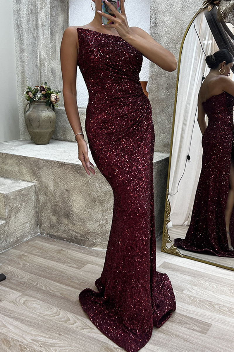 Sexy Formal Solid Slit Asymmetrical Oblique Collar Evening Dress Dresses - Fashionpara