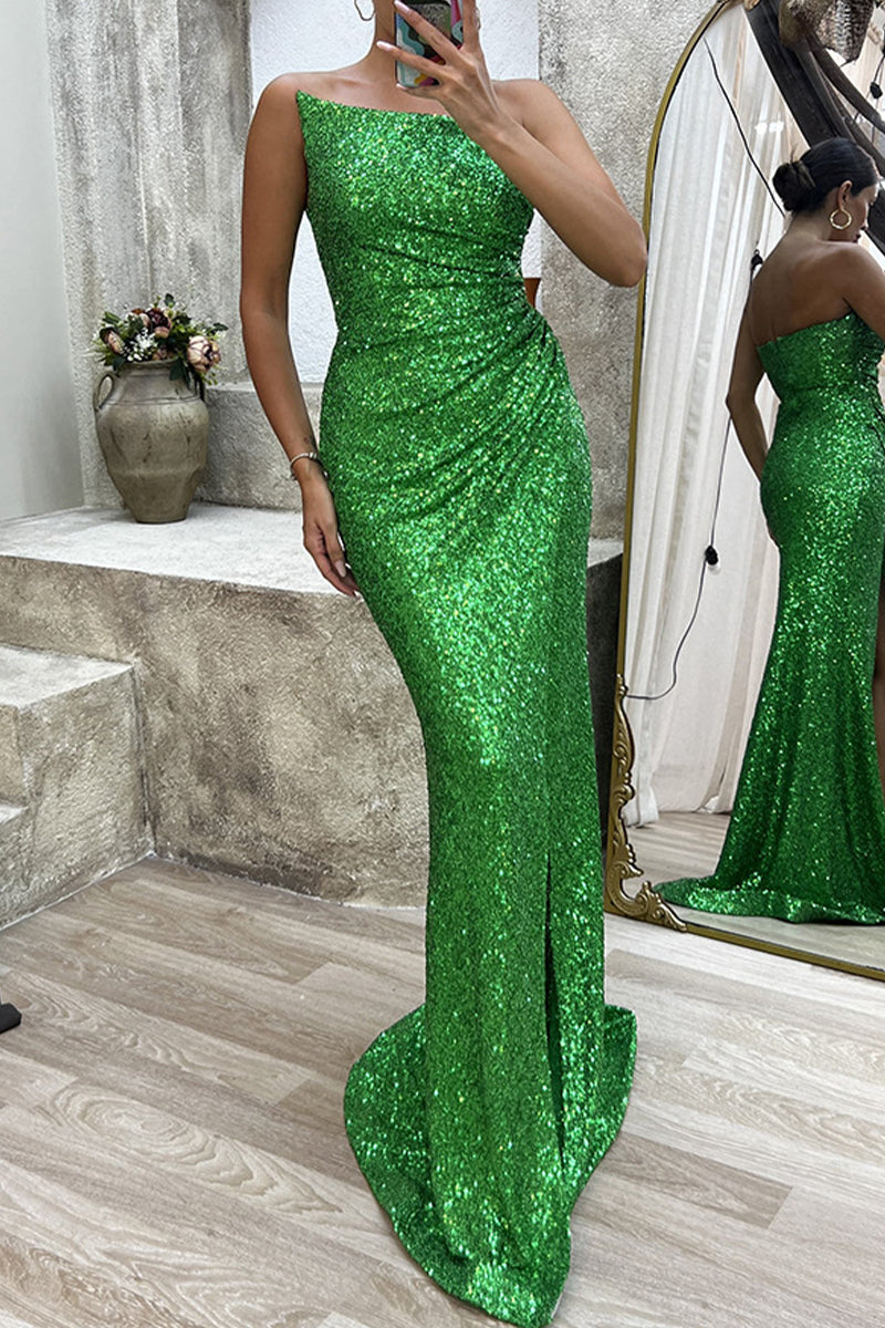 Sexy Formal Solid Slit Asymmetrical Oblique Collar Evening Dress Dresses - Fashionpara