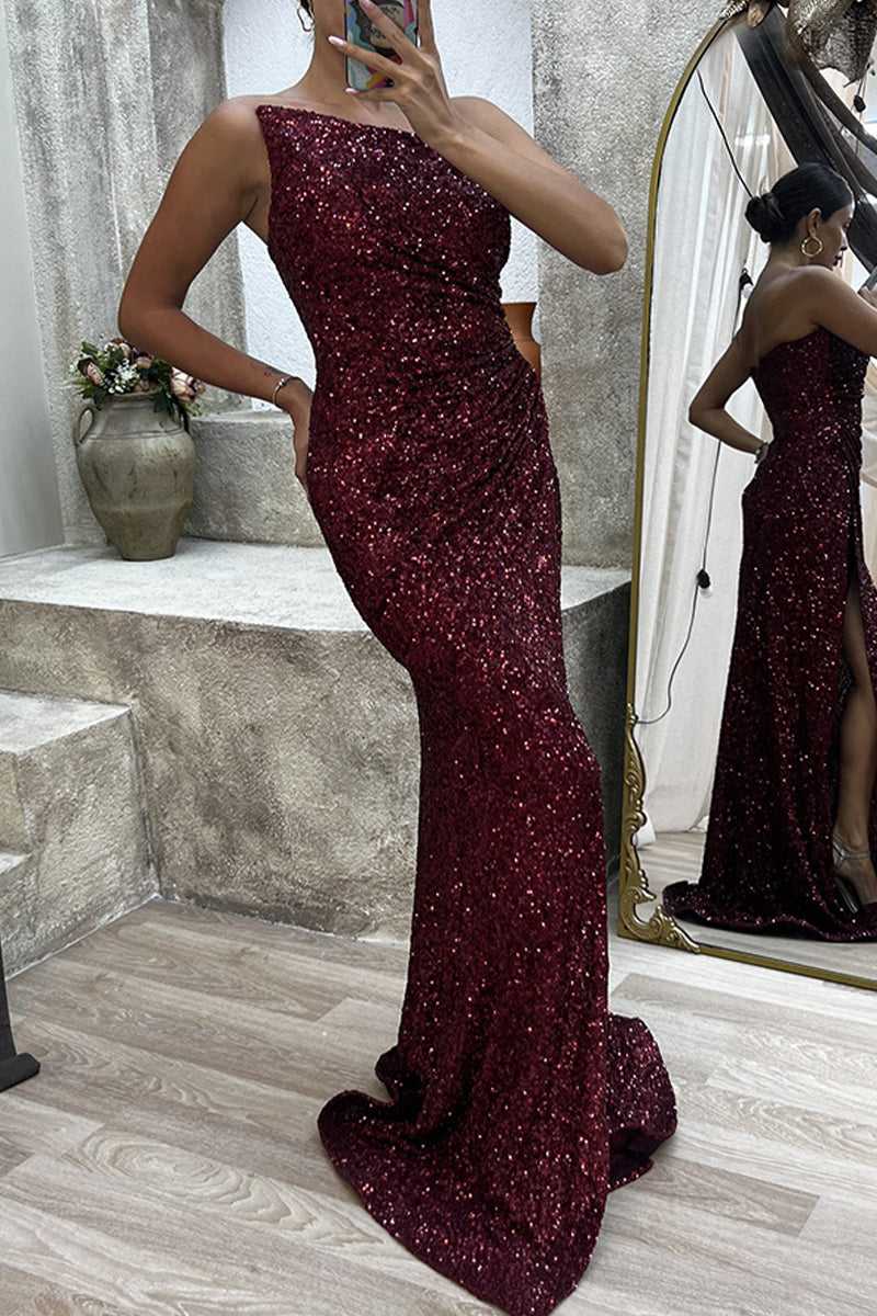 Sexy Formal Solid Slit Asymmetrical Oblique Collar Evening Dress Dresses - Fashionpara