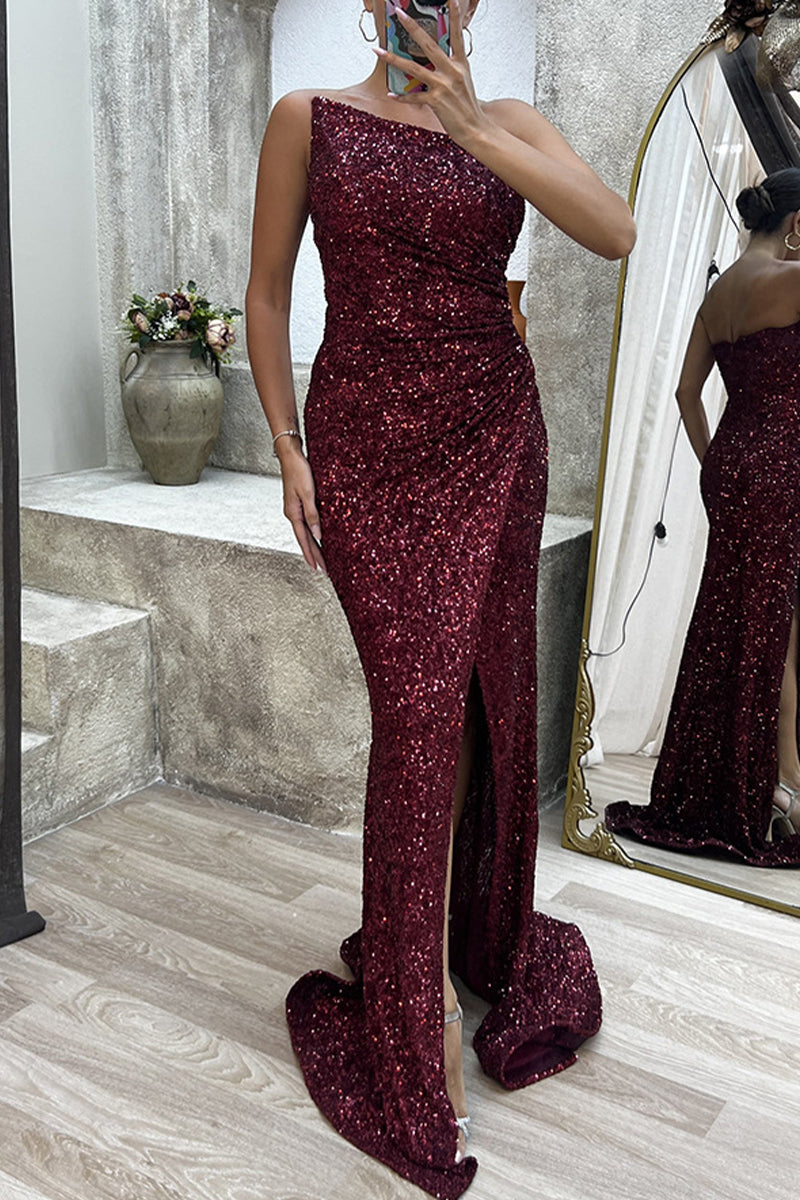 Sexy Formal Solid Slit Asymmetrical Oblique Collar Evening Dress Dresses - Fashionpara