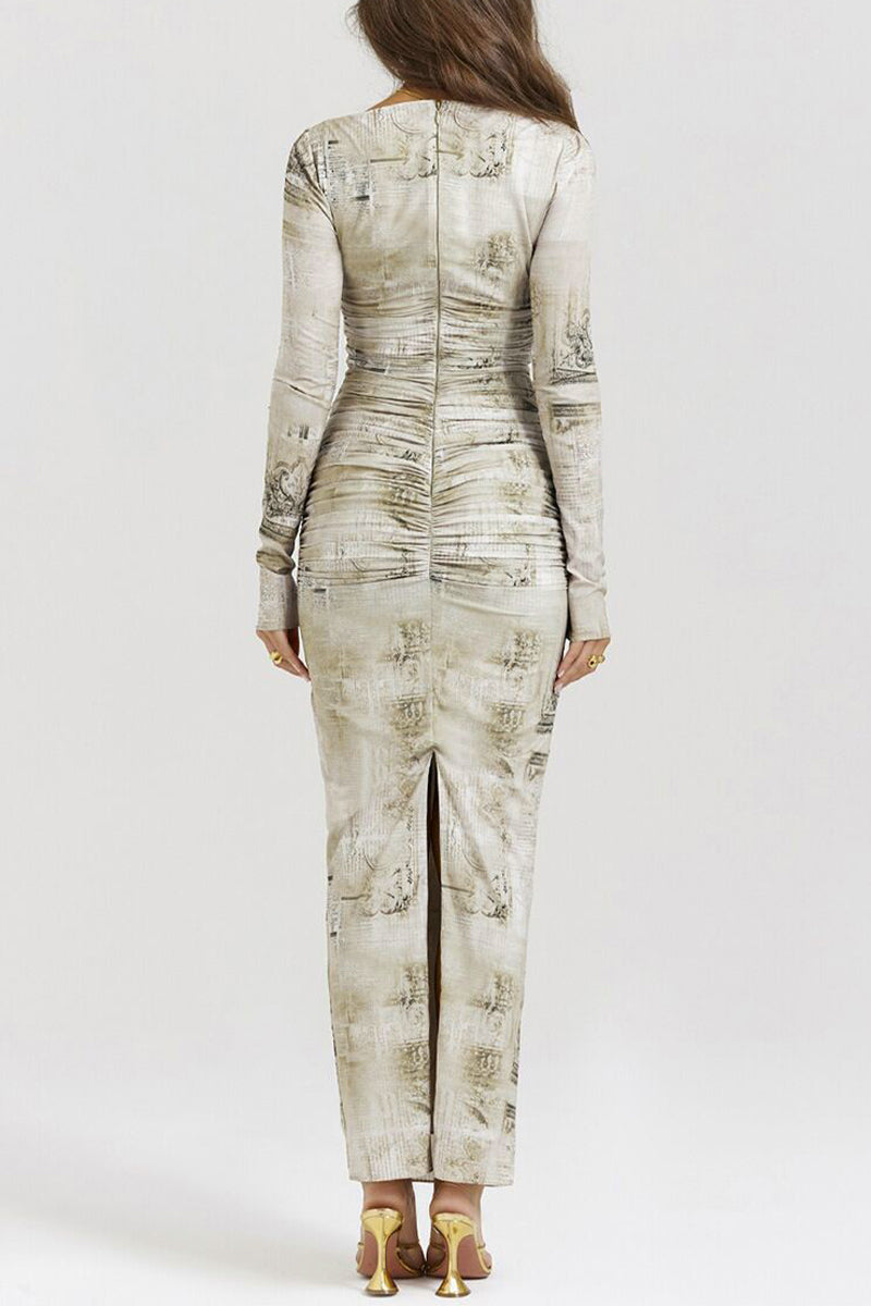 Casual Print Fold O Neck Wrapped Skirt Dresses - Fashionpara