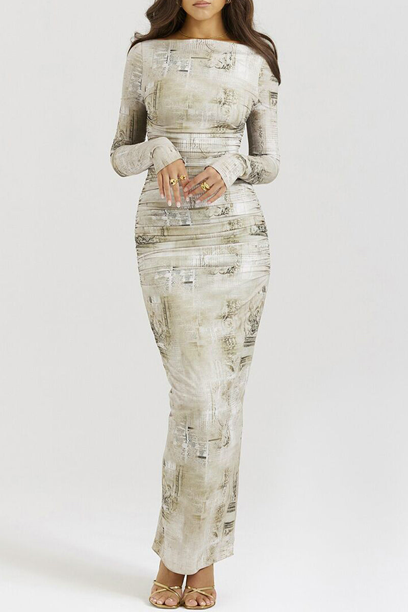 Casual Print Fold O Neck Wrapped Skirt Dresses - Fashionpara