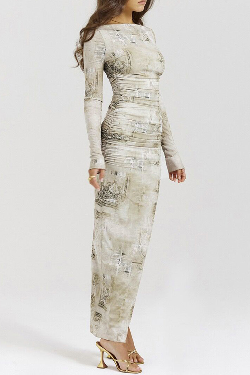 Casual Print Fold O Neck Wrapped Skirt Dresses - Fashionpara