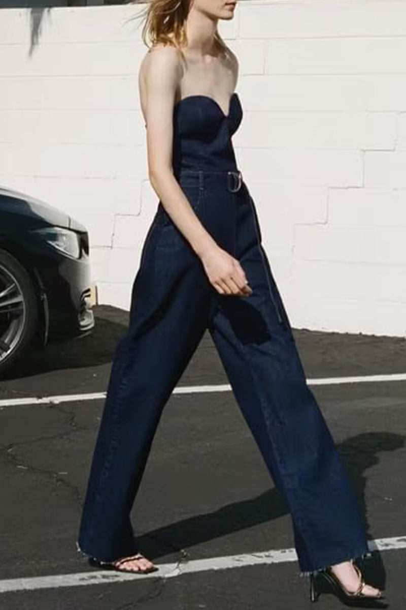 Casual Solid Pocket With Belt Strapless Sleeveless Denim Jumpsuits - Fashionpara