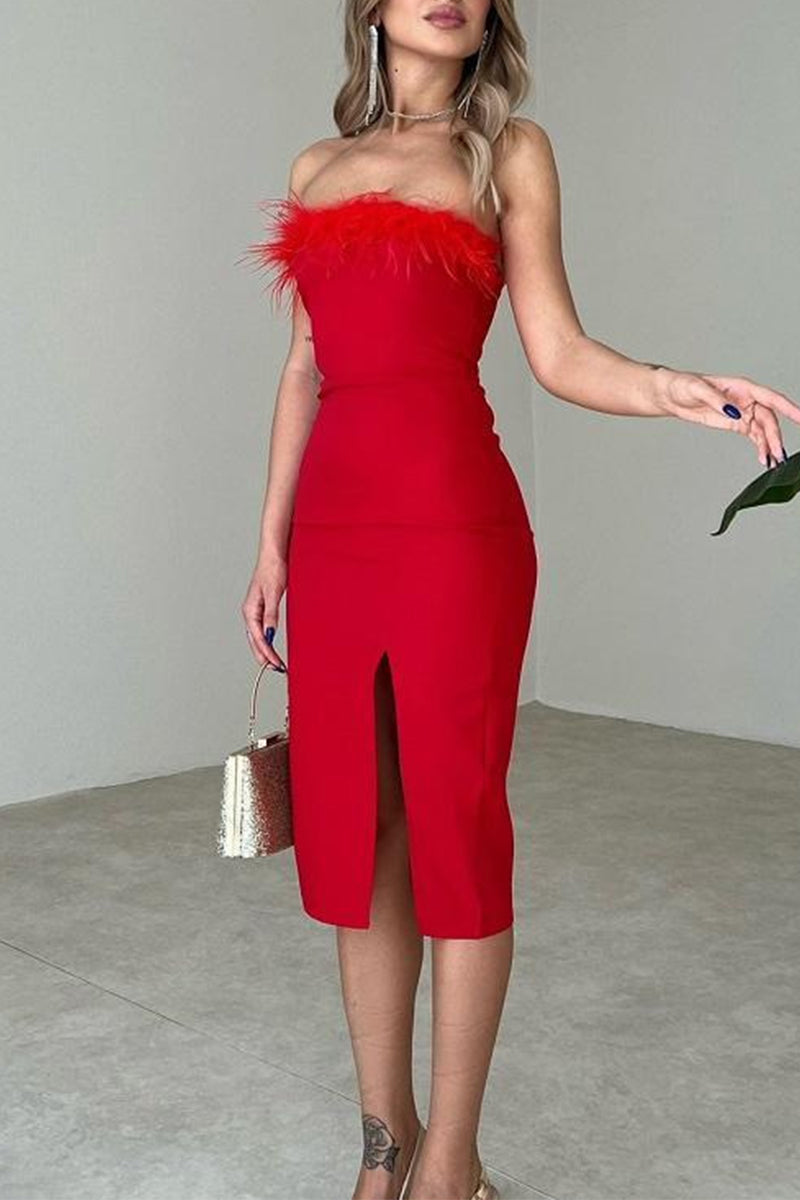 Solid Feathers Slit Strapless Wrapped Skirt Dresses - Fashionpara