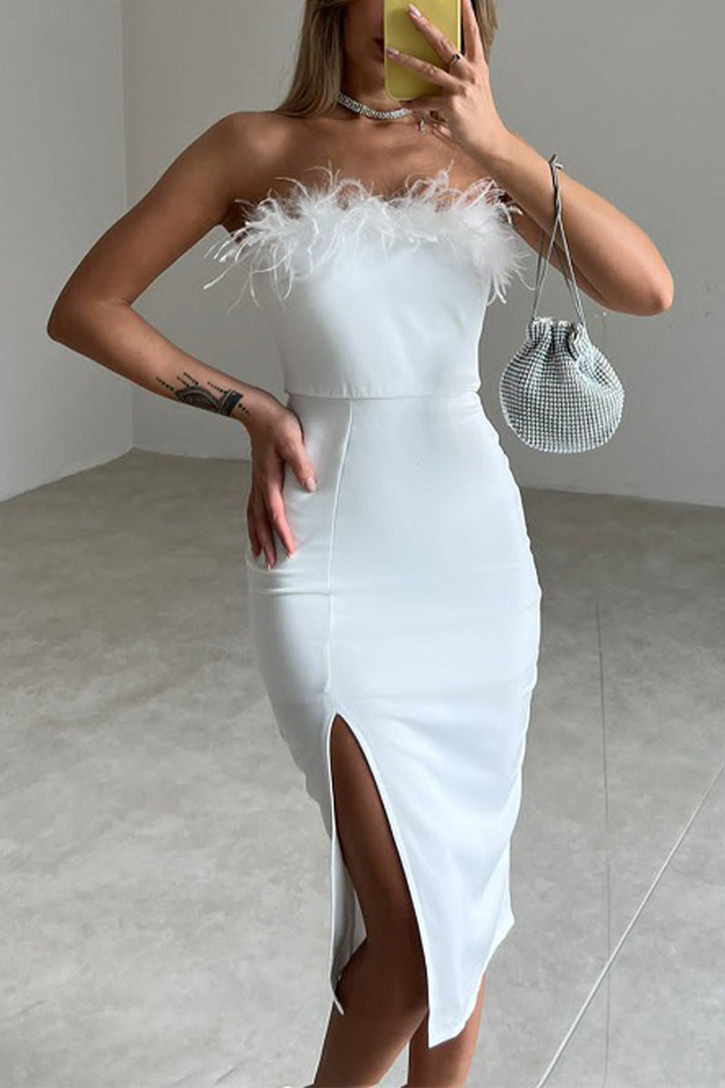 Solid Feathers Slit Strapless Wrapped Skirt Dresses - Fashionpara