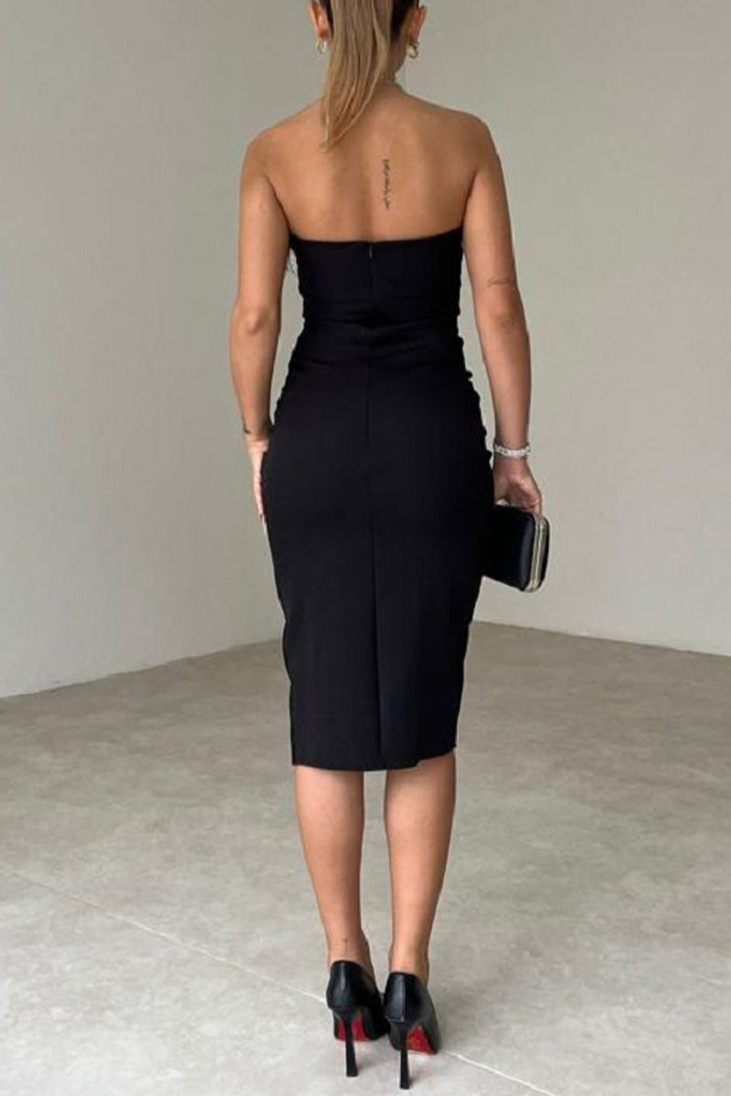 Solid Feathers Slit Strapless Wrapped Skirt Dresses - Fashionpara
