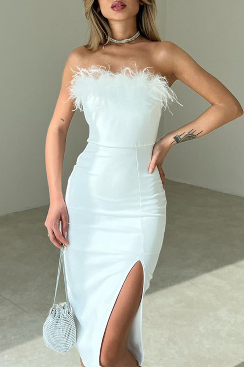 Solid Feathers Slit Strapless Wrapped Skirt Dresses - Fashionpara