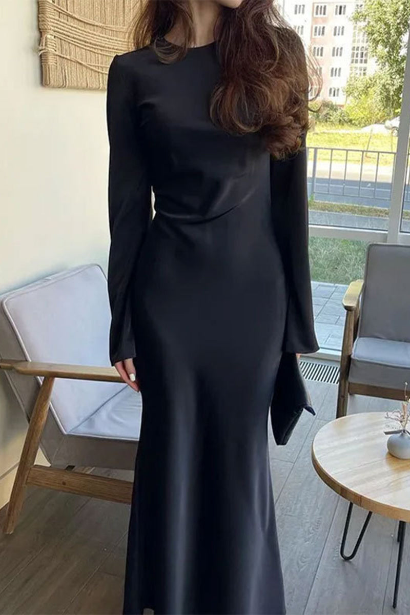 Elegant Simplicity Solid Patchwork O Neck One Step Skirt Dresses - Fashionpara