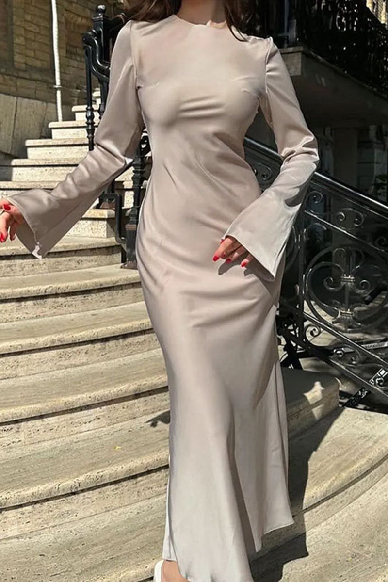 Elegant Simplicity Solid Patchwork O Neck One Step Skirt Dresses - Fashionpara