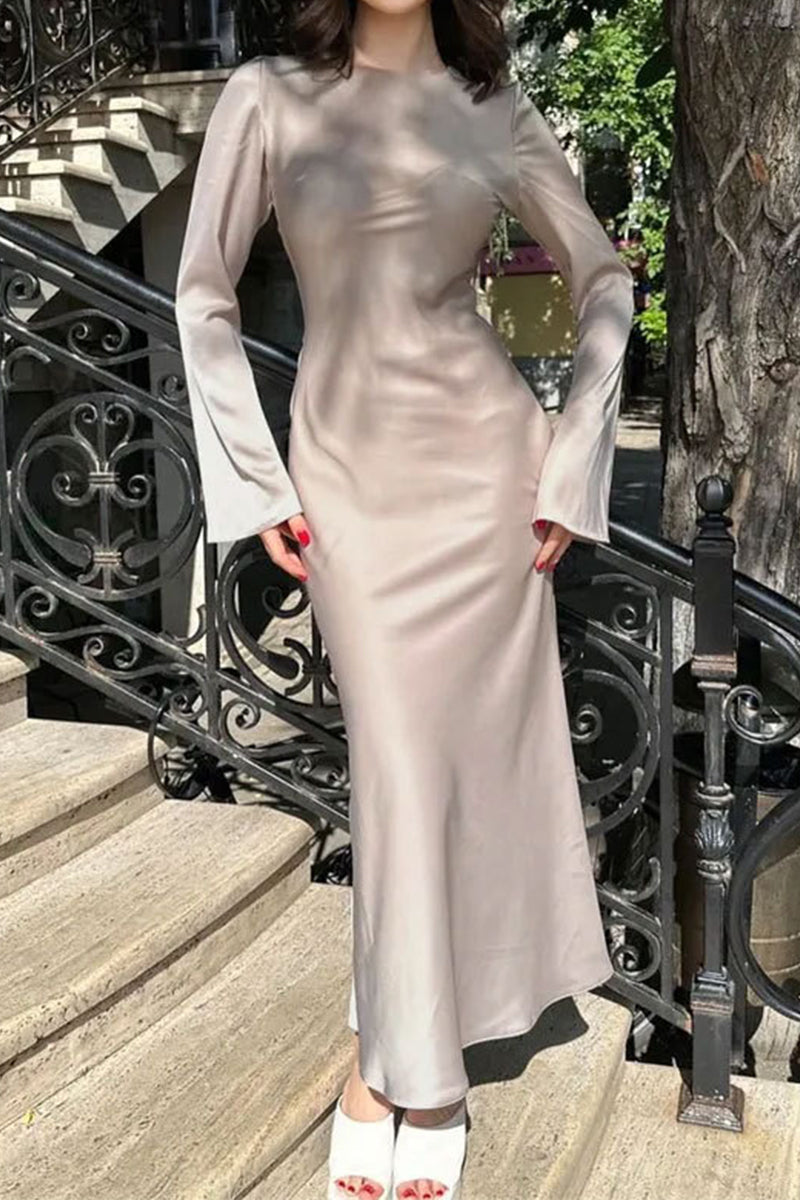 Elegant Simplicity Solid Patchwork O Neck One Step Skirt Dresses - Fashionpara