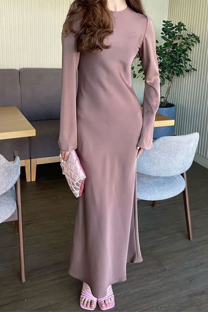 Elegant Simplicity Solid Patchwork O Neck One Step Skirt Dresses - Fashionpara