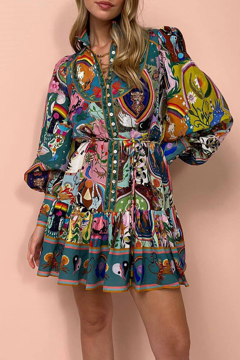 Bohemian Vintage Print Bandage Buckle Mandarin Collar Pleated Dresses - Fashionpara