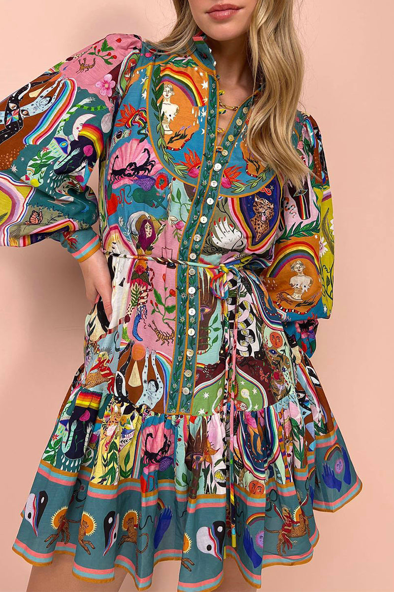 Bohemian Vintage Print Bandage Buckle Mandarin Collar Pleated Dresses - Fashionpara
