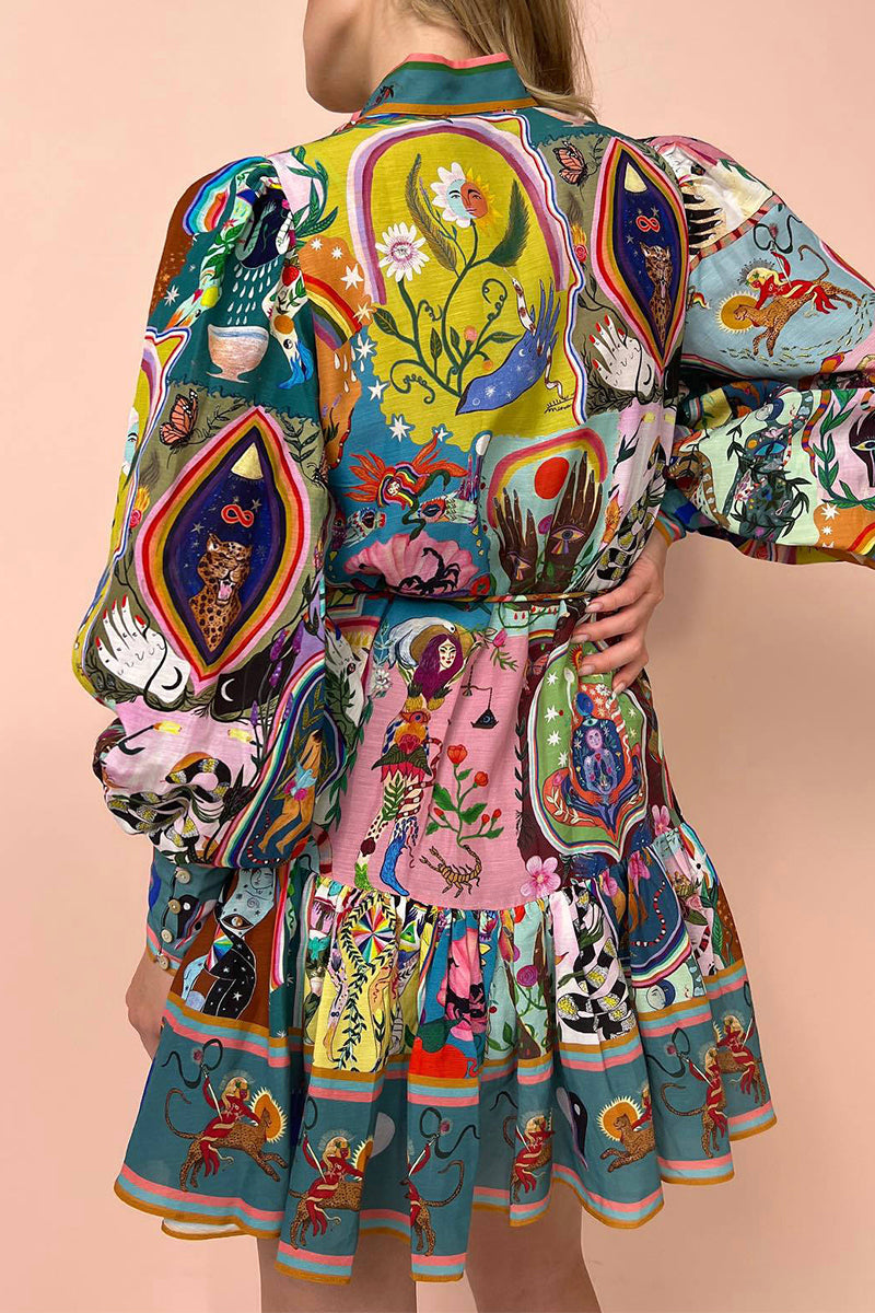 Bohemian Vintage Print Bandage Buckle Mandarin Collar Pleated Dresses - Fashionpara
