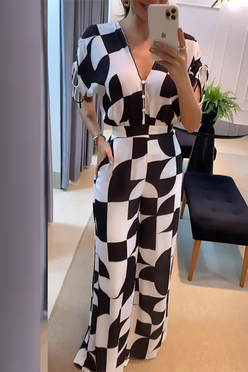 Casual Plaid Pocket Contrast V Neck Jumpsuits - Fashionpara