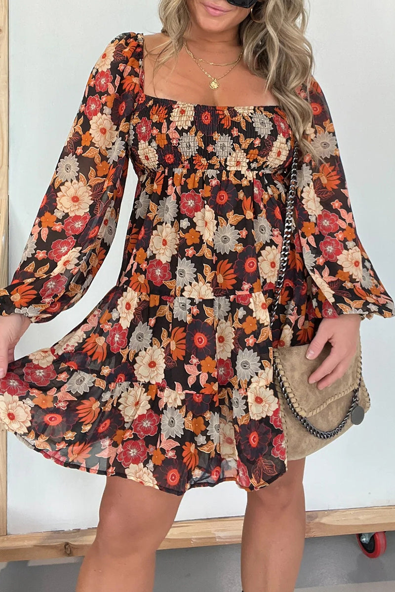Vintage Elegant Floral Square Collar Printed Dress Dresses - Fashionpara