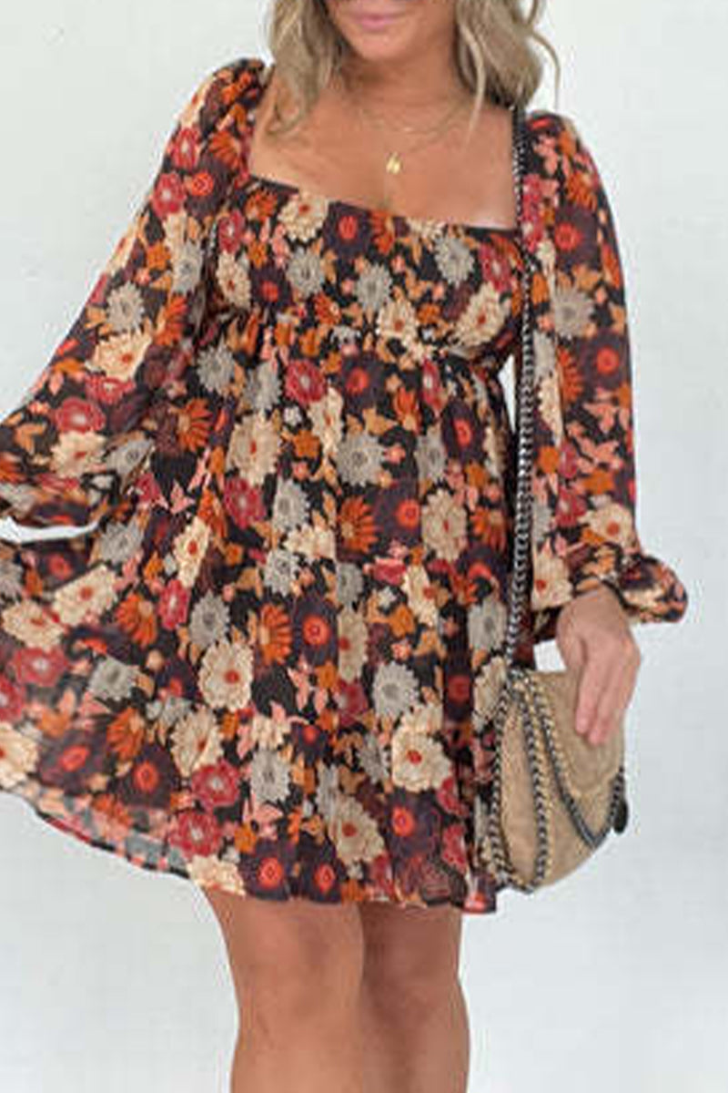 Vintage Elegant Floral Square Collar Printed Dress Dresses - Fashionpara