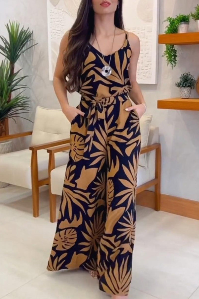 Casual Vintage Geometric Print Pocket V Neck Sleeveless Two Pieces - Fashionpara