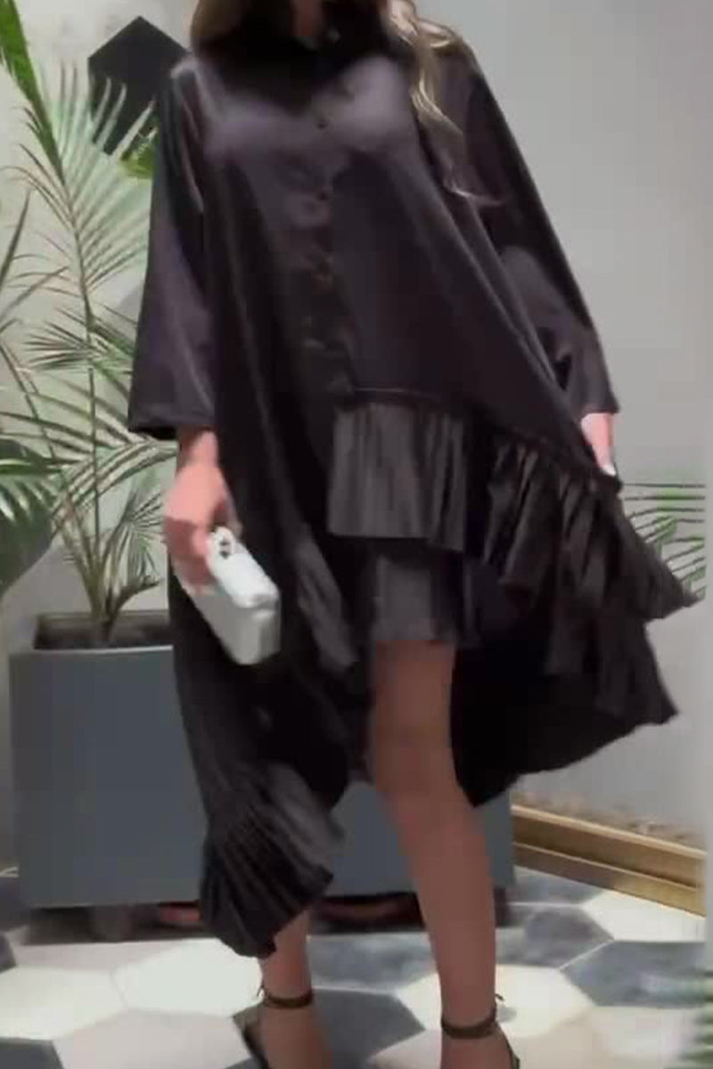 Casual Solid Fold Turndown Collar Shirt Dress Dresses - Fashionpara