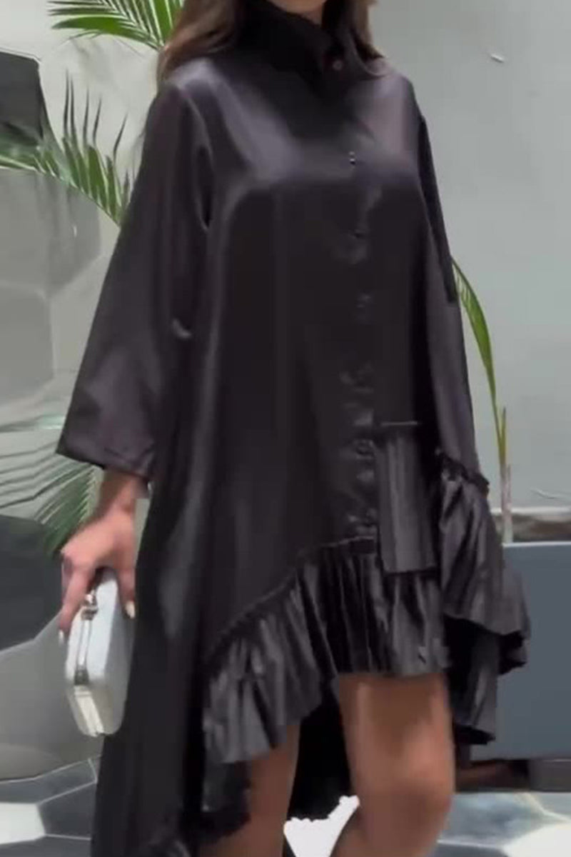 Casual Solid Fold Turndown Collar Shirt Dress Dresses - Fashionpara