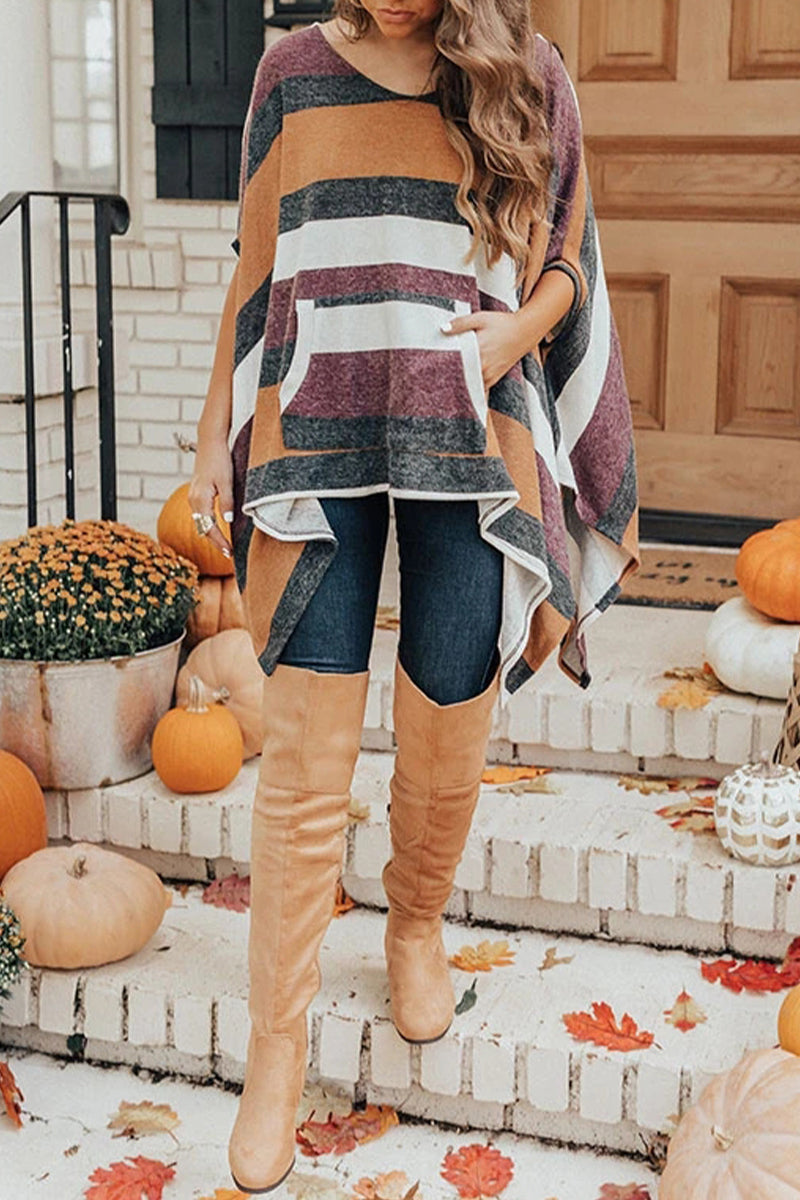 Casual Striped Contrast O Neck Tops - Fashionpara