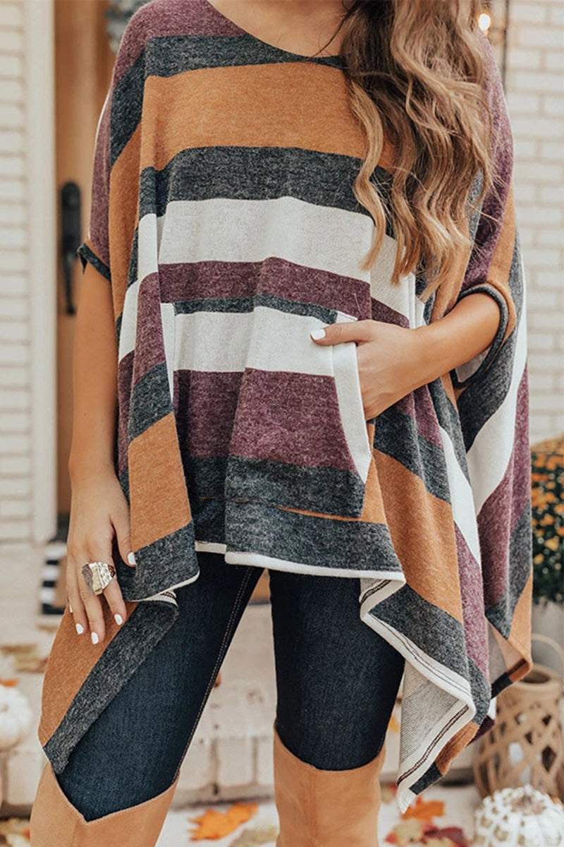 Casual Striped Contrast O Neck Tops - Fashionpara