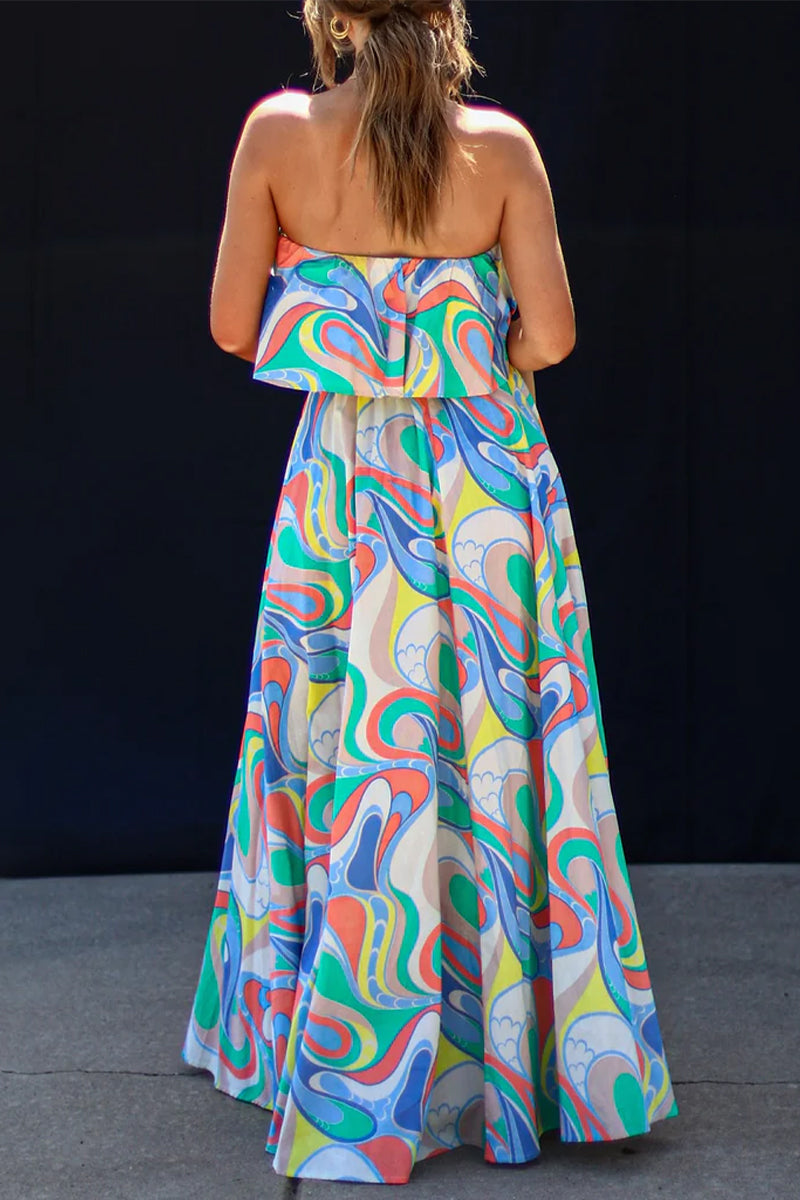 Sweet Elegant Geometric Print Backless Slit Strapless Dresses - Fashionpara
