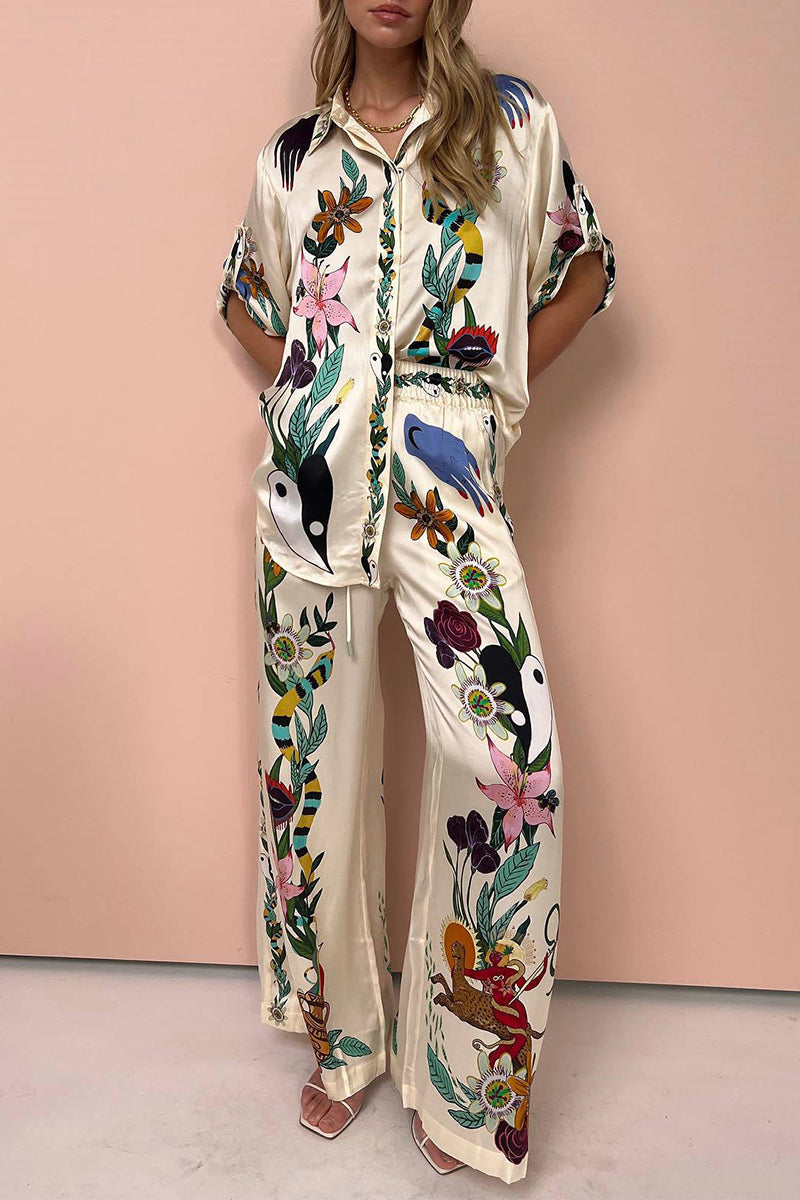 Casual Vintage Print Turndown Collar Short Sleeve Two Pieces - Fashionpara