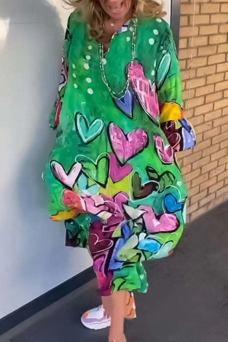 Casual Print Basic V Neck Long Sleeve Dresses - Fashionpara