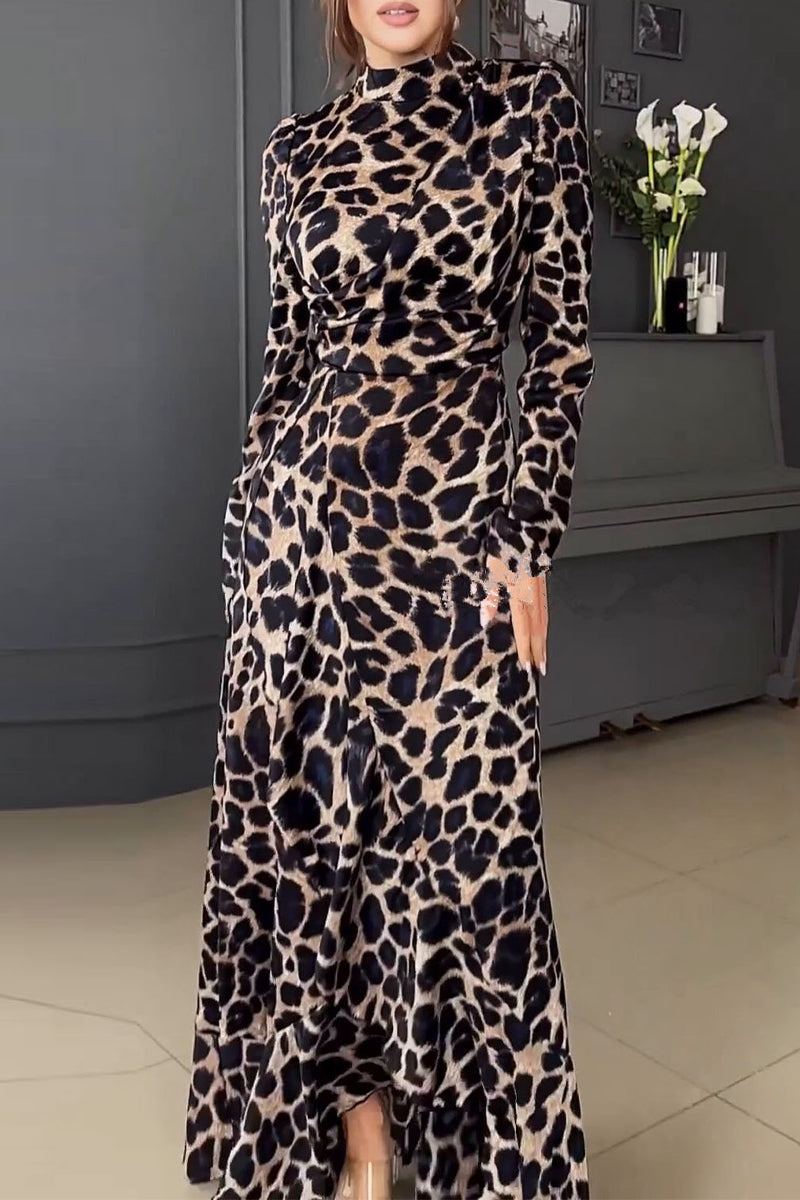 Vintage Print Leopard Stringy Selvedge Half A Turtleneck Printed Dress Dresses - Fashionpara