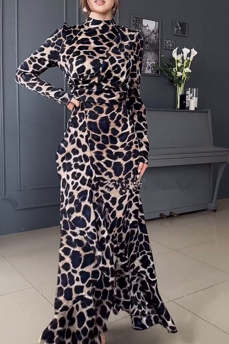 Vintage Print Leopard Stringy Selvedge Half A Turtleneck Printed Dress Dresses - Fashionpara